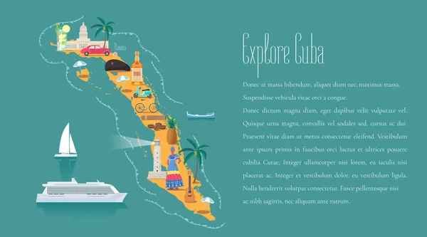 文章中的古巴地图模板矢量图解 设计元素 带有古巴地标的图标 著名文物 Mojito Che — 图库矢量图片