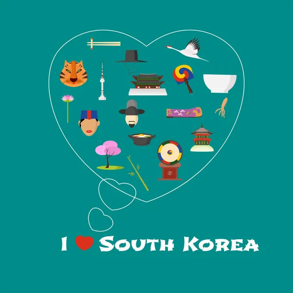 Illustration Der Herzform Mit Love Südkorea Zitat Koreanische Sehenswürdigkeiten Essen — Stockvektor