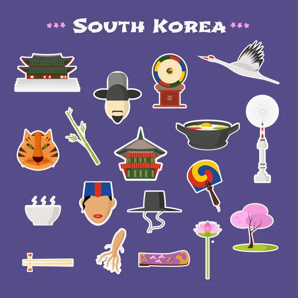 Reis Naar Zuid Korea Vector Pictogrammen Ingesteld Koreaanse Bezienswaardigheden Toren — Stockvector