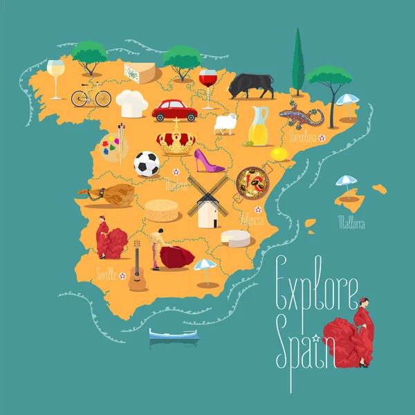 Mapa Espanha Ilustração Vetorial Elemento Design Ícones Com Famoso Marco — Vetor de Stock