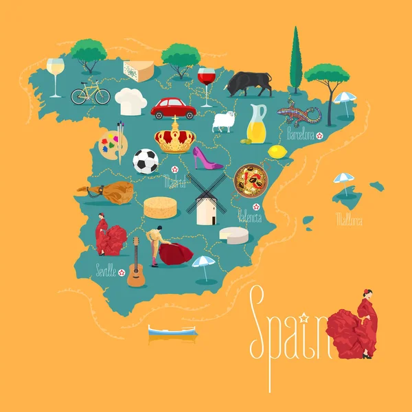 Karta Över Spanien Vektor Illustration Design Ikoner Med Spanska Landmärken — Stock vektor