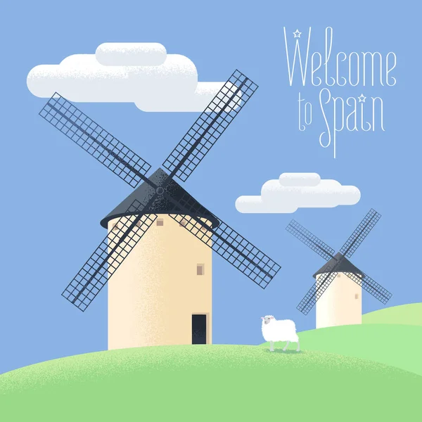 Kvarnar Spanien Vektor Illustration Landskap Den Spanska Landsbygden Vindkraftverk Clipart — Stock vektor