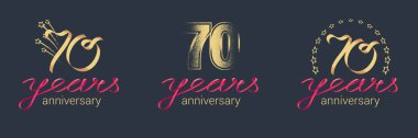 70 yıllık vektör ikonu, logo seti. 70. yıldönümü kutlamaları için harf ve kırmızı kurdeleli grafiksel tasarım ögesi