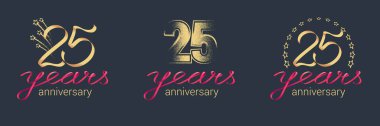 25. yıl dönümü vektör simgesi, logo seti. 25. yıldönümü kutlamaları için harf ve kırmızı kurdeleli grafiksel tasarım ögesi