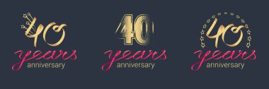 40. yıl dönümü vektör simgesi, logo seti. 40. yıldönümü kutlamaları için harf ve kırmızı kurdeleli grafiksel tasarım ögesi