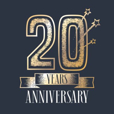 20. yıl dönümü vektör simgesi, logo. 20. yıldönümü töreni için kurdeleli, altın renkli ve grunge desenli grafiksel tasarım ögesi