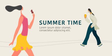 Yaz zamanı konsept vektör çizimi. Kadın ve erkek sokakta yürüyor, dondurma yiyor ve kahve içiyorlar. Modern düz grafik biçimi