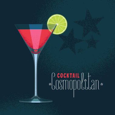 Cosmopolitan kokteyl illüstrasyonlu martini bardağı. Klasik martini kadehinde limon ve kırmızı renkli alkol.