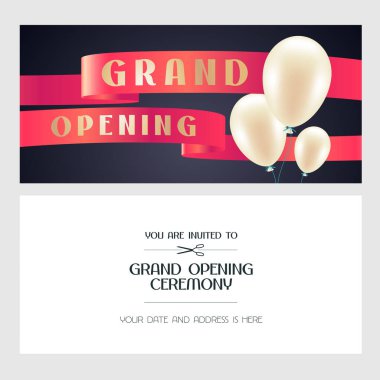 Büyük açılış vektörü illüstrasyonu, yeni mağaza için hava balonlu davetiye kartı. Şablon pankartı, açılış etkinliği için davet, kırmızı kurdele kesme töreni