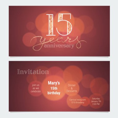 Kutlama vektörü illüstrasyonuna 15. yıldönümü davetiyesi. 15. yaş günü kartı için bokeh efektli grafik tasarım ögesi, parti daveti
