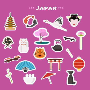 Japonya 'ya seyahat, Tokyo vektör simgeleri ayarlandı. Japon simgeleri, doğa, gelenekler ve kültürleri çıkartmaları kesiyor.