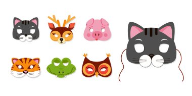 Çocukların doğum günü ya da kostüm partisi temsilcileri için hayvan maskesi. Bir grup şirin hayvan fotoğraf kabini aksesuarlarına gidiyor. Kedi, kaplan portreleri.