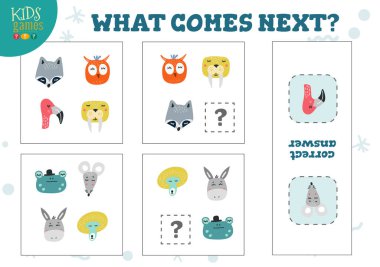 Anaokulu öncesi çocuklar için bir sonraki oyun vektör illüstrasyonu. Mantık ve gelişme sayımı için eğitici bulmaca