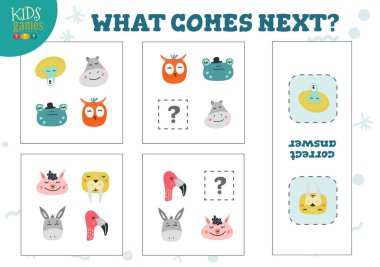 Anaokulu öğrencilerinin oyun vektör illüstrasyonu. Tatlı baykuş, flamingo ve maymunla mantık testi aktivitesi