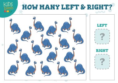 Oyun vektör çizimlerini sayan kaç dinozor çocuk var? Sayma nesneleri olan anaokulu çocukları için geliştirme etkinliği