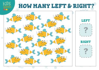 Kaç tane sol ve sağ çizgi filmdeki arı çocuk oyun vektör çizimlerini sayıyor. Sayma nesneleri olan anaokulu çocukları için geliştirme etkinliği