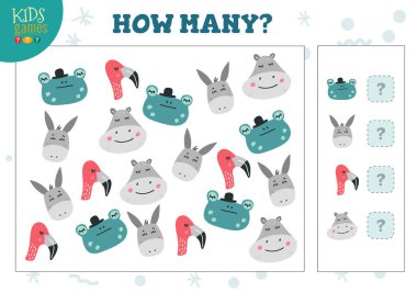 Oyun vektör illüstrasyonunu sayan kaç hayvan çocuk var? Sayma nesneleri olan anaokulu çocukları için geliştirme etkinliği