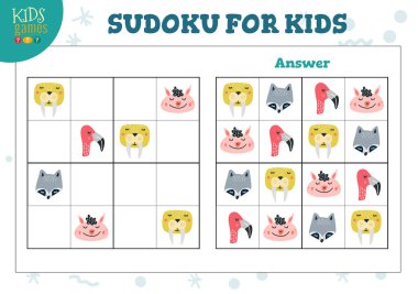 Cevap vektör illüstrasyonu olan çocuklar için sudoku. Şirin hayvanlar başlarını çocuklar için sudoku elementleri olarak kullanır. Matematik testleri.
