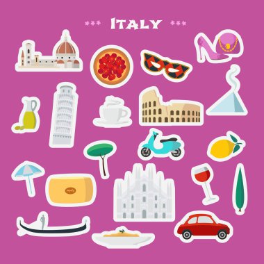 İtalyan işaretli İtalya vektör illüstrasyonu, çıkartma olarak yiyecek. Standart olmayan tasarım simgelerini ziyaret edin