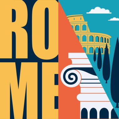 Roma, İtalya vektör illüstrasyonu, kartpostal. Roma 'ya seyahat et modern düz grafik tasarım elementi İtalyan simgeleri ve mimarisi - kolezyum, sütun