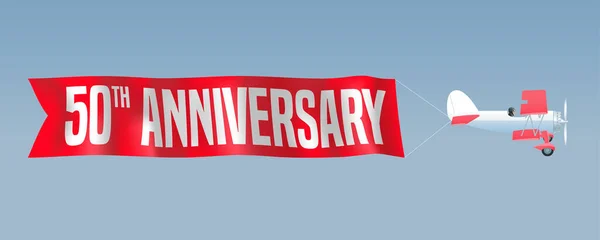 50 yıllık vektör illüstrasyonu, afiş, broşür, ikon, sembol, işaret. 50. yıldönümü için uçak ve dalgalı kurdeleli tasarım öğesi, doğum günü kartı