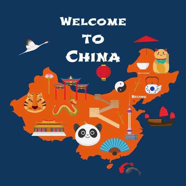 Mapa China Vector Ilustración Diseño Iconos Con Monumentos Chinos Puerta — Vector de stock