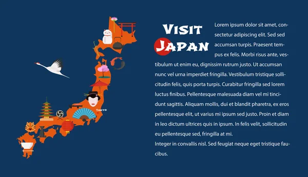 Карта Японії Горизонтальна Ілюстрація Вектора Макета Статті Ікони Японськими Орієнтирами — стоковий вектор