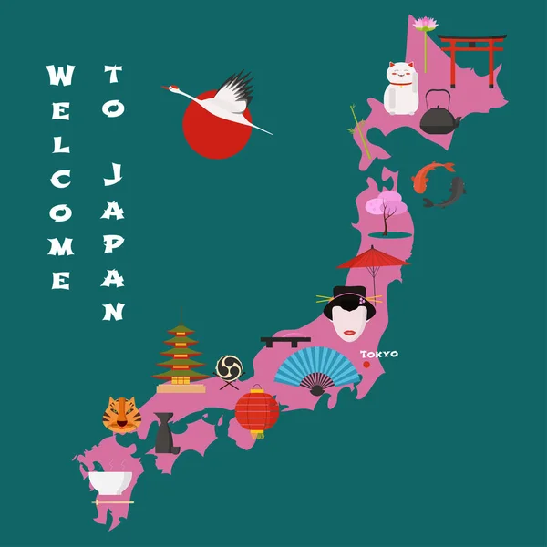 Mapa Japão Ilustração Vetorial Design Ícones Com Marcos Japoneses Sol —  Vetores de Stock