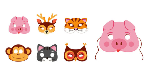 Mask of animals for kids birthday or costume party vector illustrations. Collection of cute zoo animals heads for photo booth icons. Pig, monkey portraits