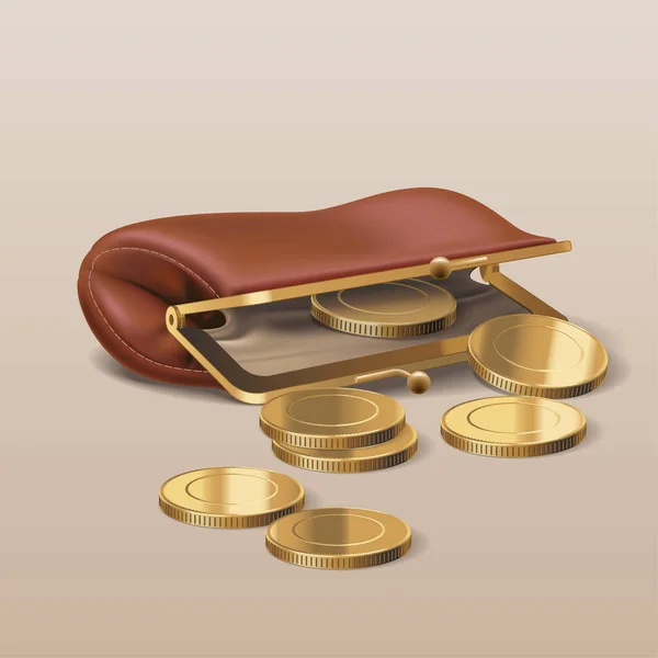 Πορτοφόλι Ρεαλιστική Απεικόνιση Φορέα Χρυσά Νομίσματα Στοιχείο Σχεδιασμού Κλιπ Τσάντα — Διανυσματικό Αρχείο