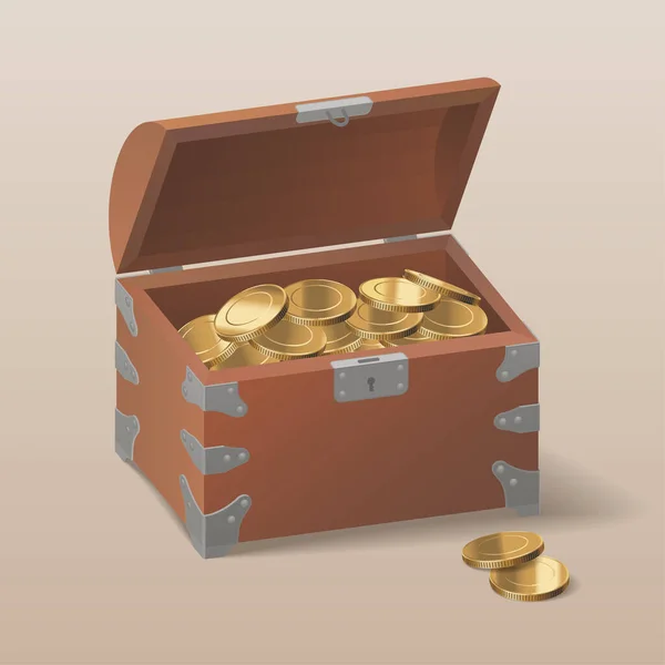 Στήθος Ρεαλιστική Απεικόνιση Φορέα Χρυσά Νομίσματα Στοιχείο Σχεδιασμού Κλιπ Κουτί — Διανυσματικό Αρχείο