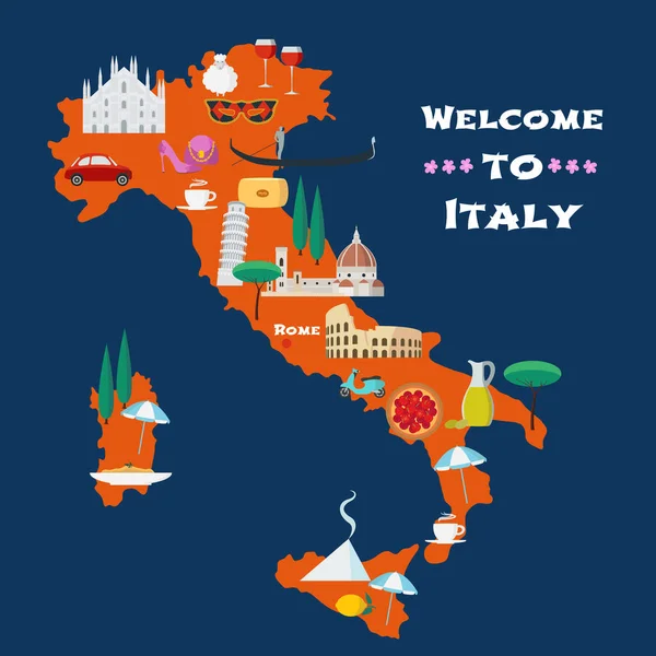 Mapa Italia Vector Ilustración Diseño Iconos Con Coliseo Italiano Pizza — Vector de stock