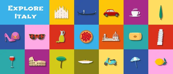 Illustration Vectorielle Italie Avec Emblèmes Italiens Visitez Italie Concept Design — Image vectorielle