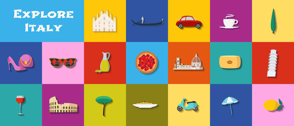 Italy vector illustration with Italian emblems. Visit Italy concept design with landmarks as icons set - food, history objects, Colosseum