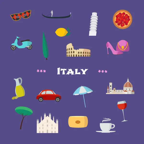 イタリアのシンボルでイタリアのベクトルイラスト ランドマークとアイコンセットとして文化的なオブジェクトとイタリアのコンセプトデザインをご覧ください — ストックベクタ