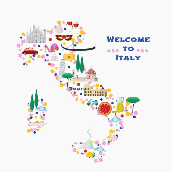 イタリアの地図ベクトル図 デザイン イタリアのランドマーク 食べ物 建築とアイコン イタリアのコンセプトイメージを探る — ストックベクタ