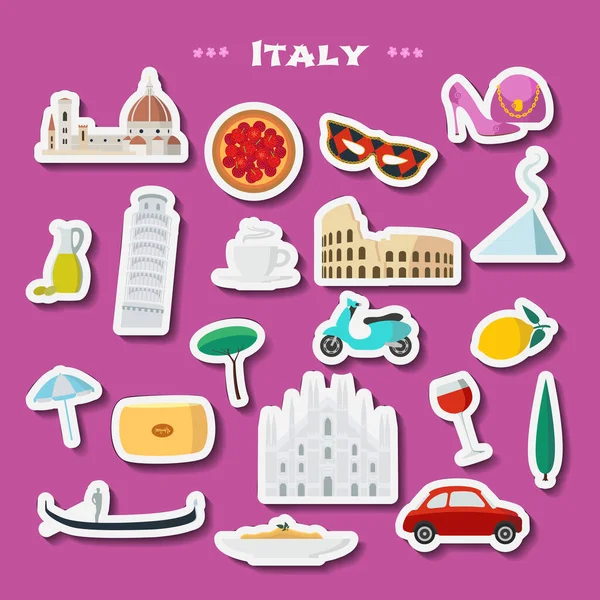 Illustration Vectorielle Concept Italie Élément Design Avec Stickers Découpés Icônes — Image vectorielle