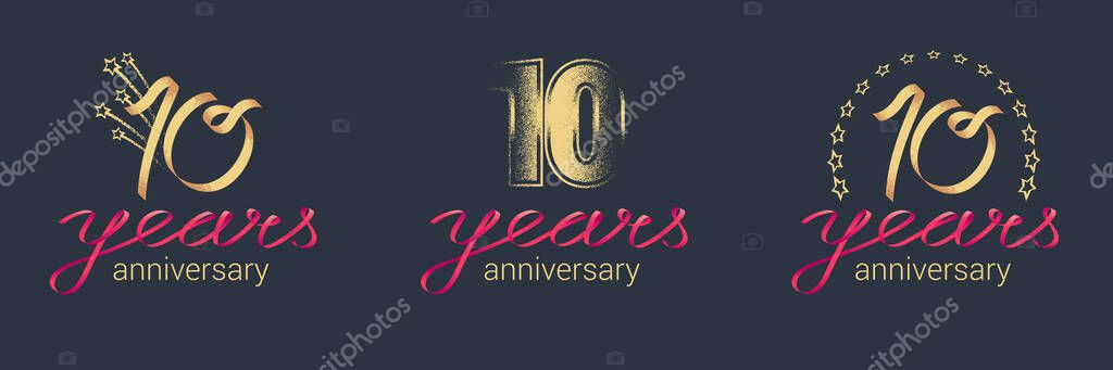 10 years anniversary vector icon,  logo set. Graphic design element with lettering and red ribbon for  celebration of 10th anniversary