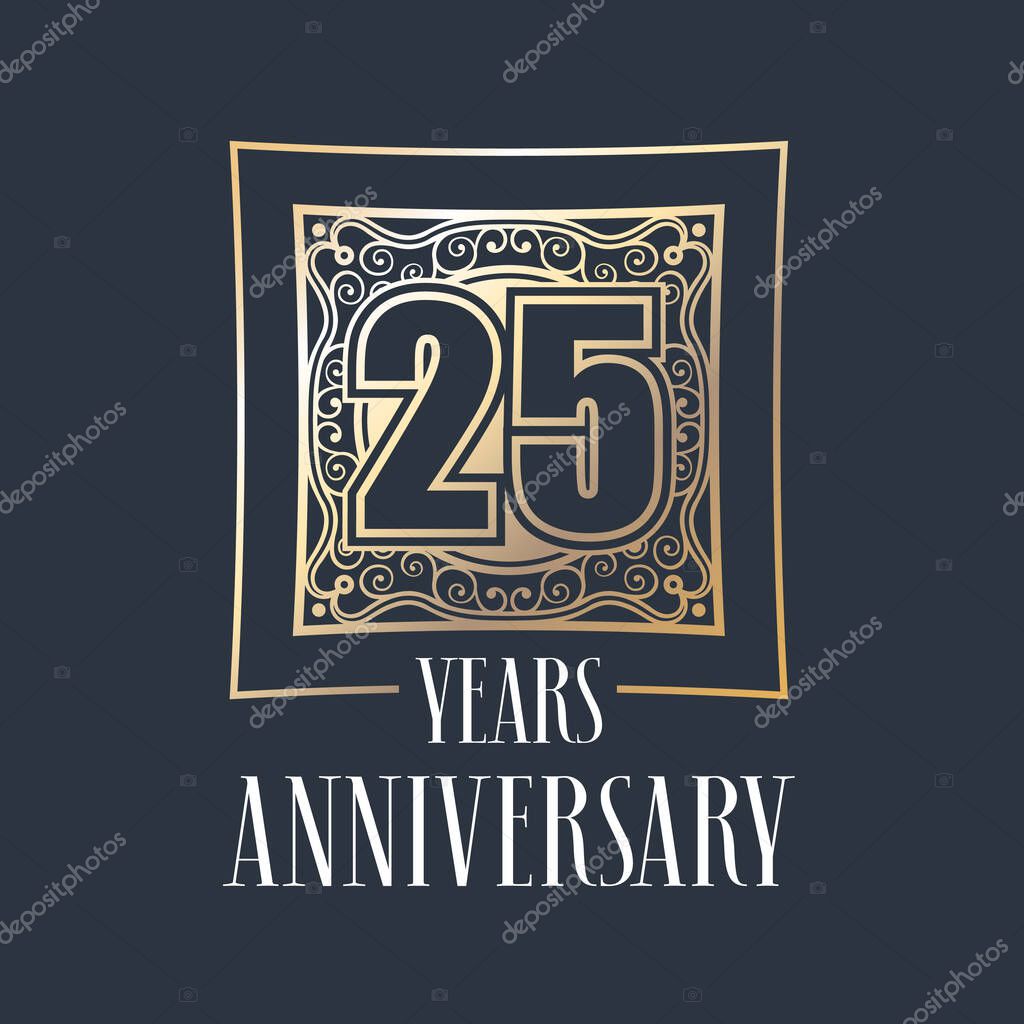 25 years anniversary vector icon,  logo. Graphic design element with  golden frame and number for 25th anniversary decoration