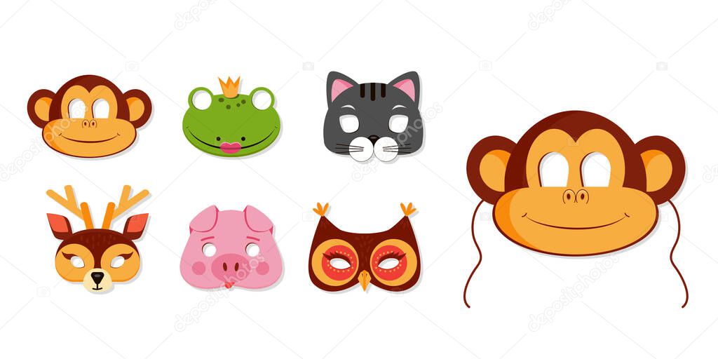 Mask of animals for kids birthday or costume party vector illustrations. Collection of cute zoo animals heads for photo booth icons. Monkey, owl portraits