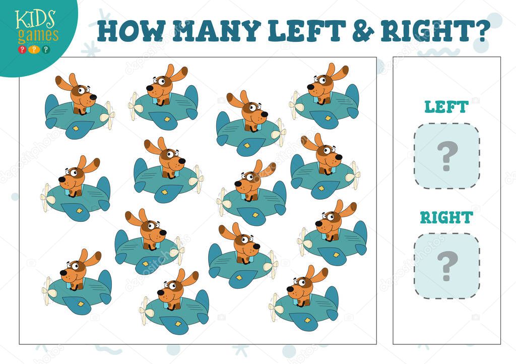 How many left and right dog in the plane kids development activity. Vector sheet for counting game for preschool children