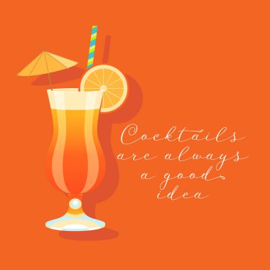 Tequile Sunrise kokteyl çizimi. Bir bardak tekila ve komik harflerle.