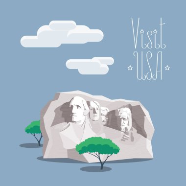 USA Rushmore mountain vector illustration. Design element with famous American presidents portrait monument in Rushmore mountain poster clipart