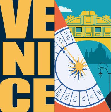 Venedik, İtalya vektör illüstrasyonu, kartpostal. Venedik 'e seyahat et modern düz grafik tasarım elementi İtalyan simgeleri ve mimarisi - iç çekiş köprüsü