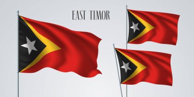 Doğu Timor 'da vektör illüstrasyonunun bayrağı sallanıyor. Doğu Timor 'un kırmızı sarı ve beyaz yıldızı vatansever bir sembol olarak gerçekçi bir bayrak sallıyor.