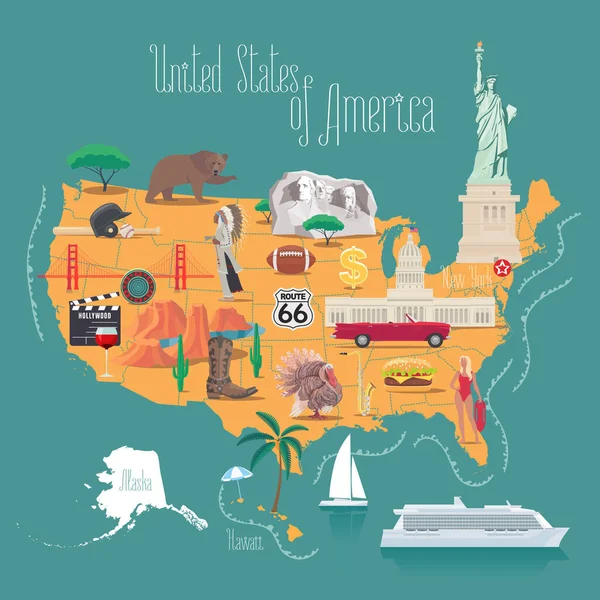 ABD vektör illüstrasyonunun haritası, tasarım. Amerikan başkenti, Hollywood, Rushmore dağı olan ikonlar. Alaska ve Hawaii eyaletleri. Amerika Birleşik Devletleri konsept imajını keşfet