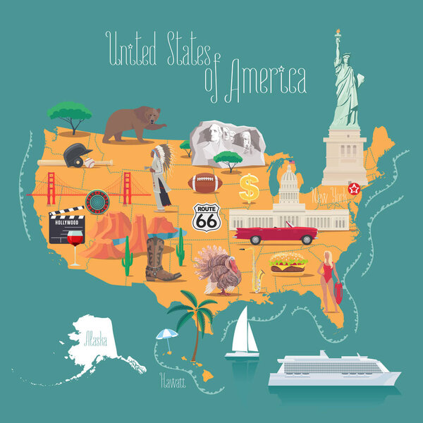 Map of USA vector illustration, design. Icons with American capitol, hollywood, Rushmore mountain. Alaska and Hawaii states. Explore United states of America concept image