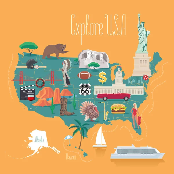 Kaart Van Usa Vector Illustratie Ontwerp Pictogrammen Met Amerikaanse Hoofdstad — Stockvector