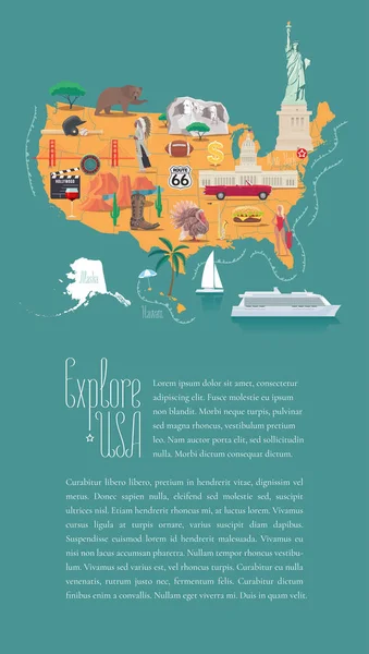 Karte Der Usa Vektor Illustration Design Ikonen Mit Amerikanischen Wahrzeichen — Stockvektor