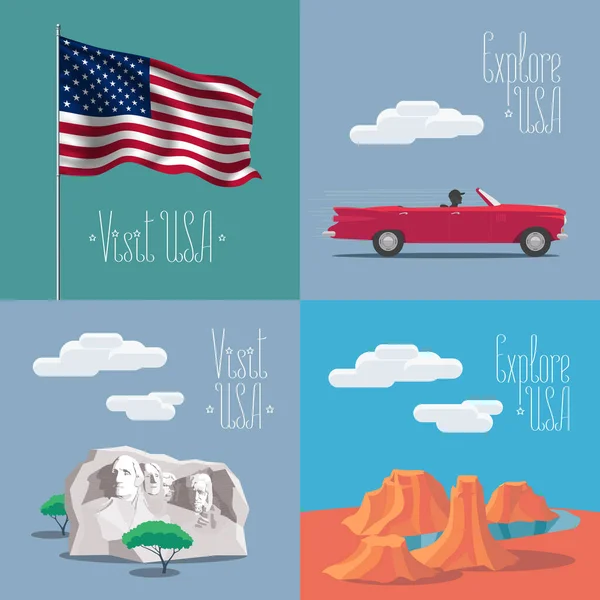 Conjunto Ilustrações Vetoriais Com Símbolos Marcos Americanos Rushmore Mount Bandeira — Vetor de Stock